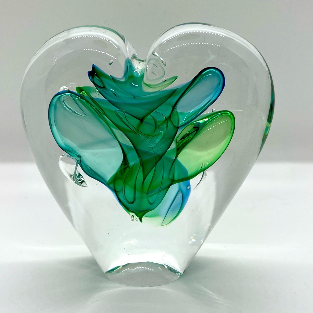 Marian Pyrcak M.P Poland Art Glass Heart Crystal Paperweight Blue Green
